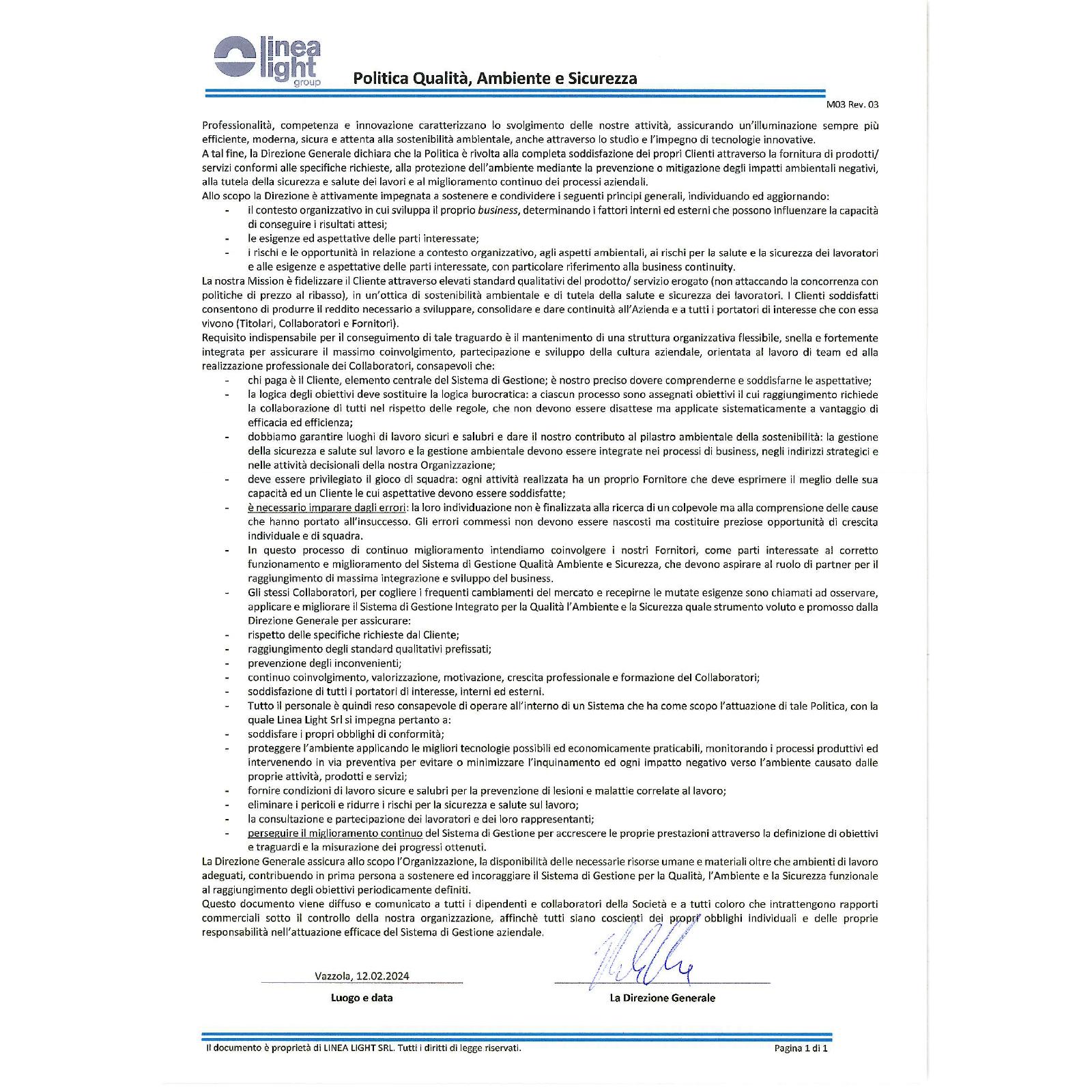 Certificazione Qualita Politica Ambiente Linealightgroup